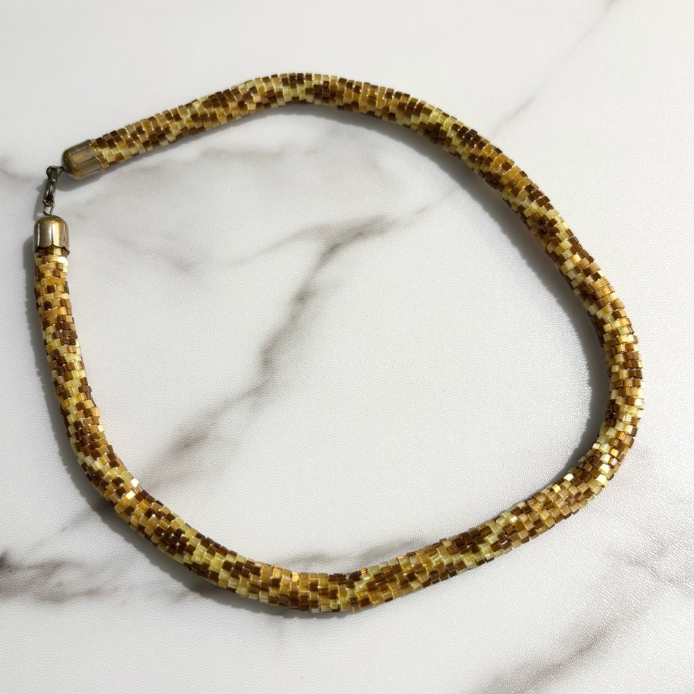 Vintage Artisan Crochet Rope Beaded Statement Bib Snake Print Necklace